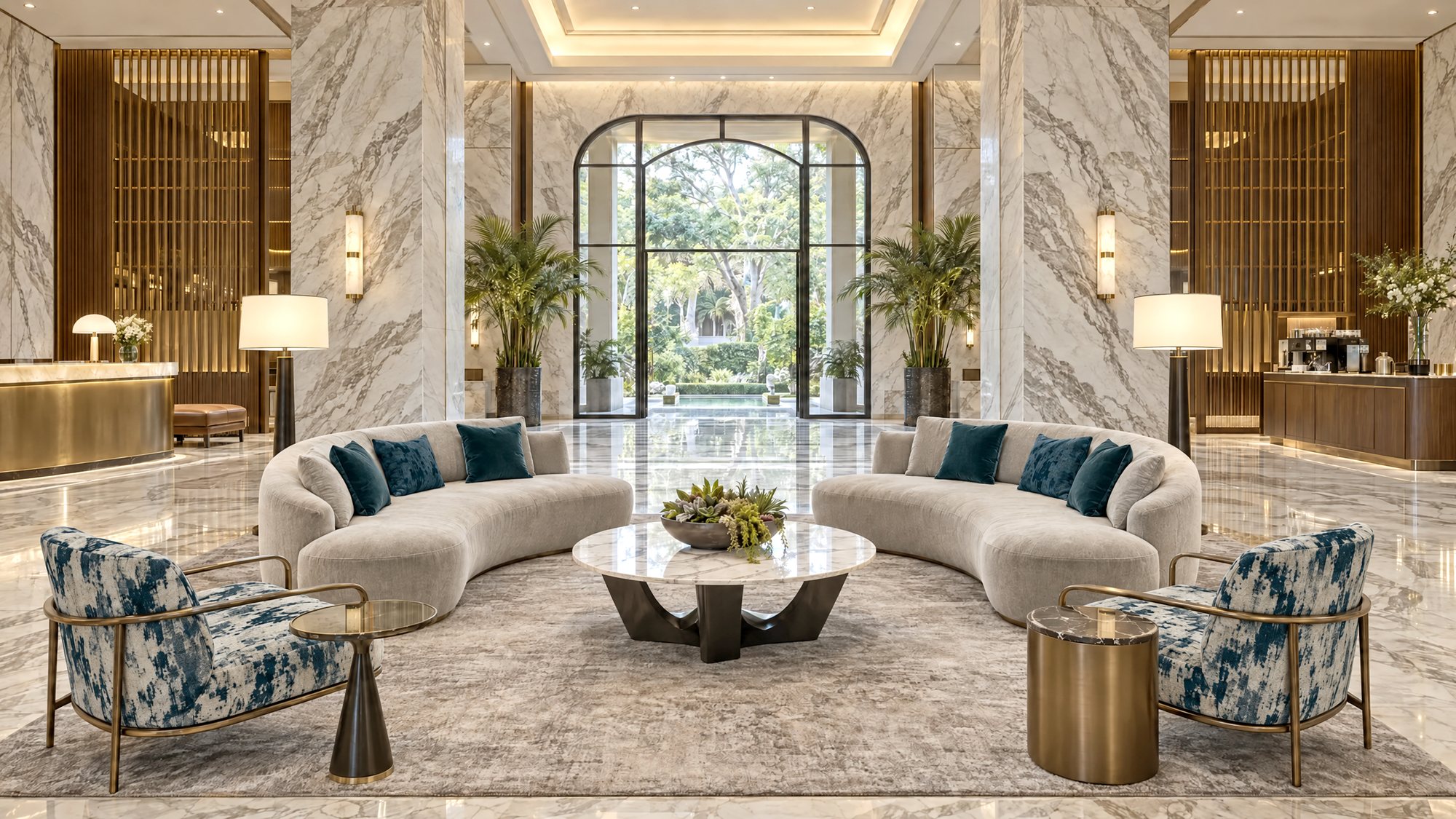 Hotellobby mit geschwungenen Sofas, Marmorsäulen und einer Bogentür zum Garten