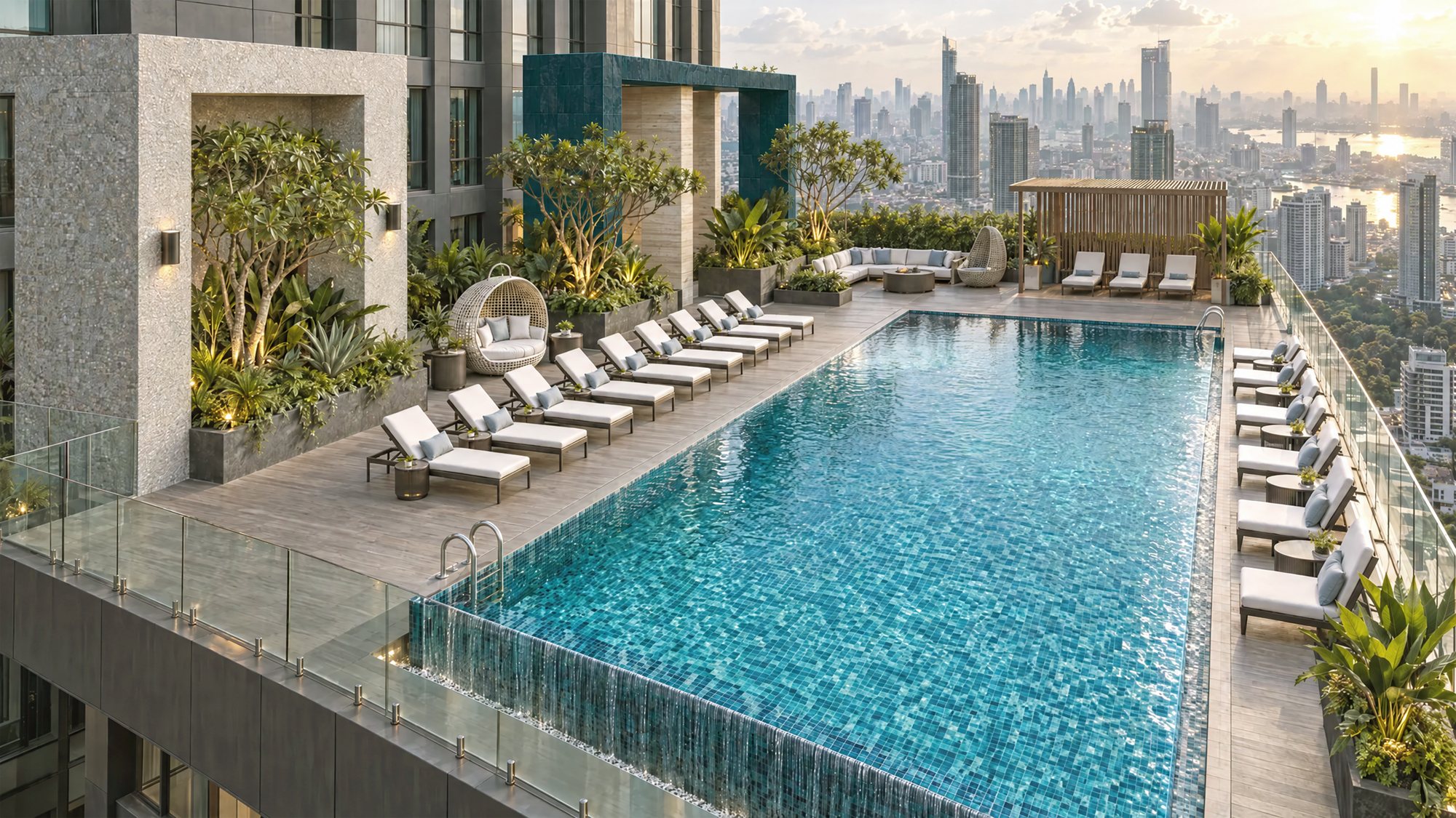 Rooftop infinity pool overlooking the city skyline